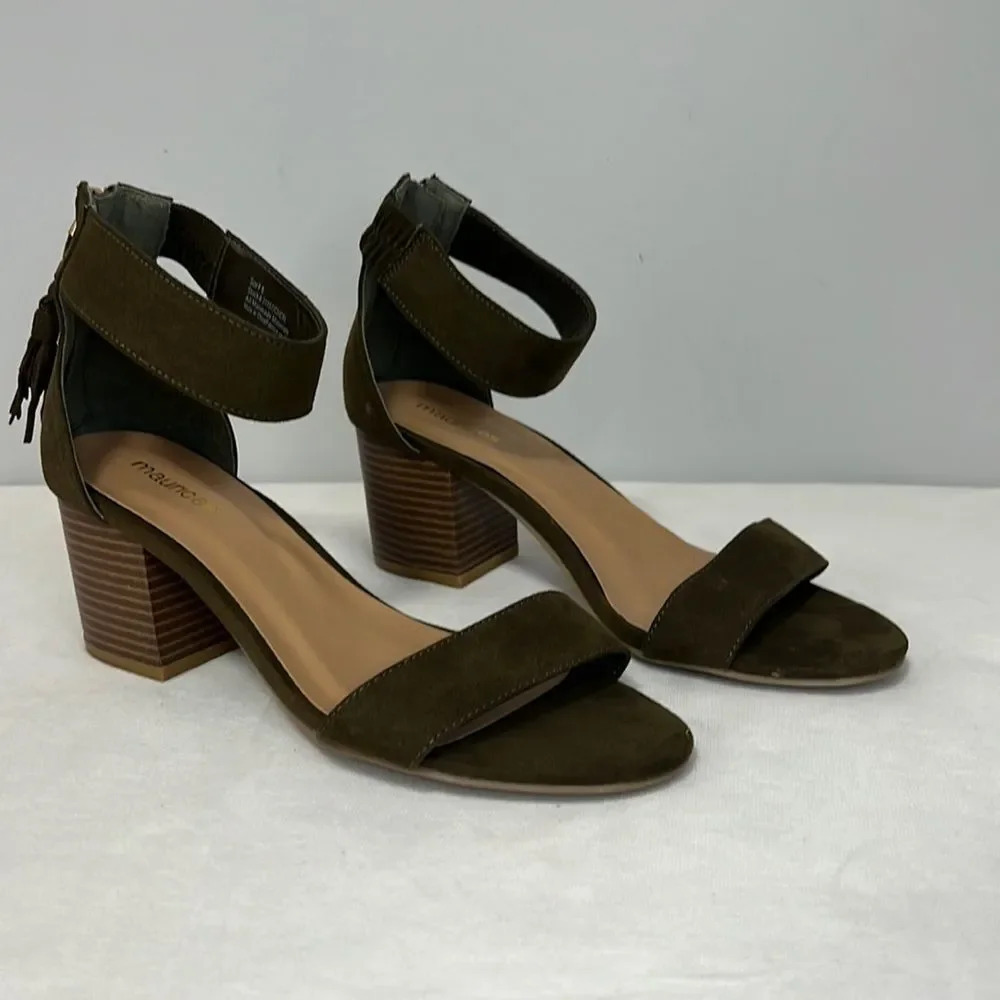 Maurice’s Khaki Suede Sandal Heels Ankle Strap back zip size 8